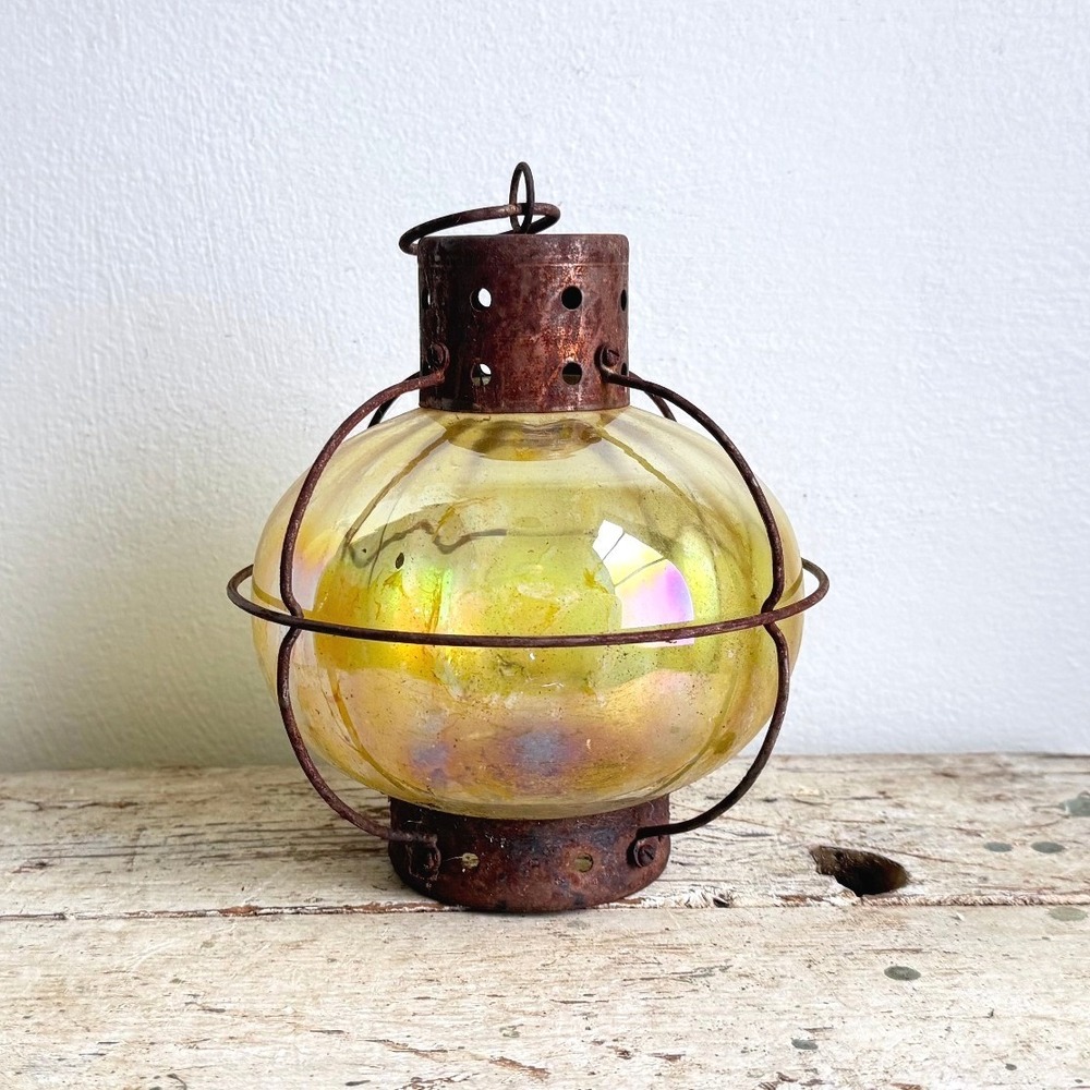 Vintage Iridescent Yellow Glass Lantern Rustic Metal Cage Industrial Decor CSGD